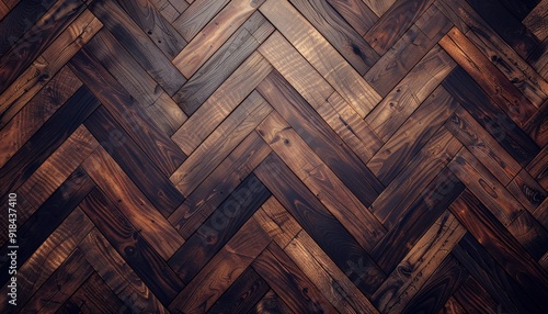 Herringbone pattern wood flooring in rich tones captured indoors with dramatic lighting