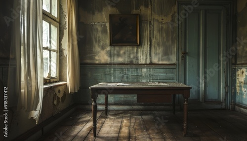 An abandoned room with a dusty table in an old building illuminated by natural light