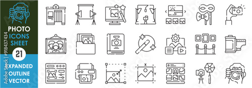 A set of line icons related to Photo. Photography, resize, photographer, folder, album, print, light, art gallery, museum, fantasy, and so on. Vector outline icons set.