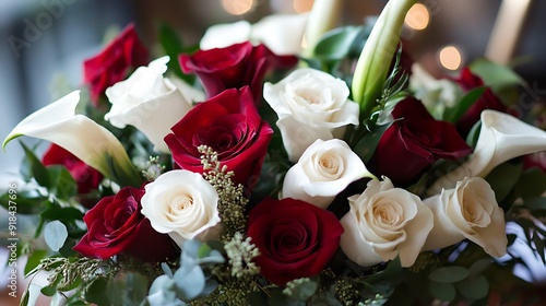 A Close-Up of a Bouquet of Red and White Roses and Calla Lilies