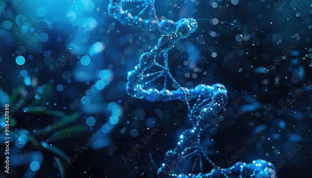 A close-up view of a glowing DNA helix structure illuminated in a dark environment with floating particles A close-up view of a glowing DNA helix structure illuminated in a dark environment with floating particles