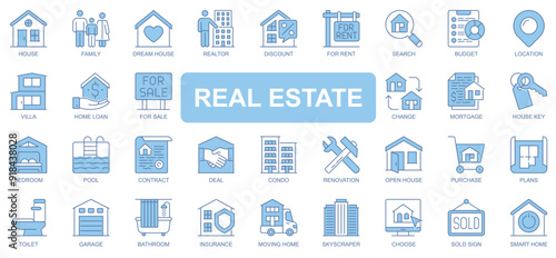 Real estate icons set in duotone outline stroke design for web. Pack pictograms of house, family, realtor, discount, rent, location, villa, home, loan, chance, mortgage, other. Vector illustration.