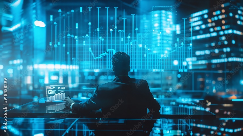 Real estate investor analyzing financial data in luxurious office with blue and white highlights Real estate investor analyzing financial data in luxurious office with blue and white highlights