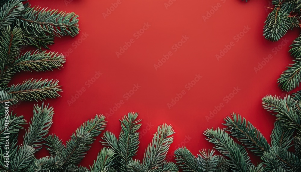 Green pine branches frame a vibrant red background for festive decoration during the holiday season Green pine branches frame a vibrant red background for festive decoration during the holiday season