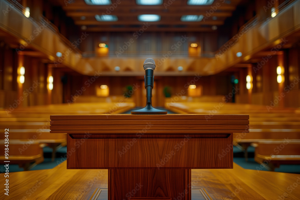 A wooden speech lecturn podium with a microphone A wooden speech lecturn podium with a microphone