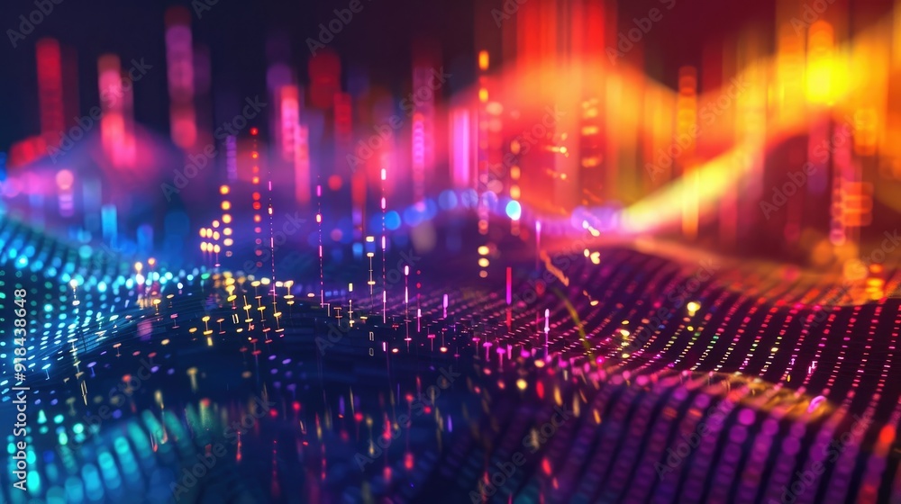 Fototapeta premium Abstract digital landscape with colorful lights and particles.