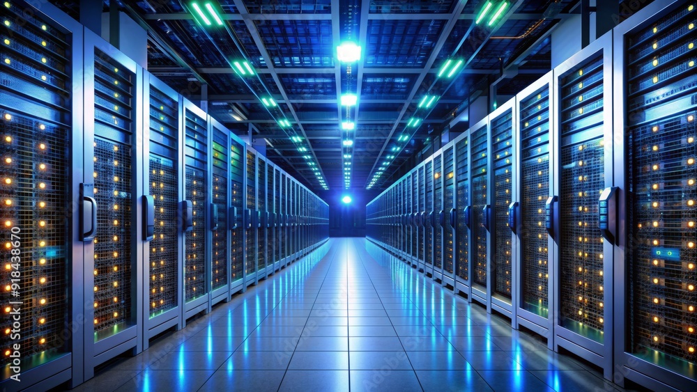 _rows of tall server racks line a dimly lit data center, blinking lights and wires fill the aisles, showcasing high-tech computer network security infrastructure_ _rows of tall server racks line a dimly lit data center, blinking lights and wires fill the aisles, showcasing high-tech computer network security infrastructure_