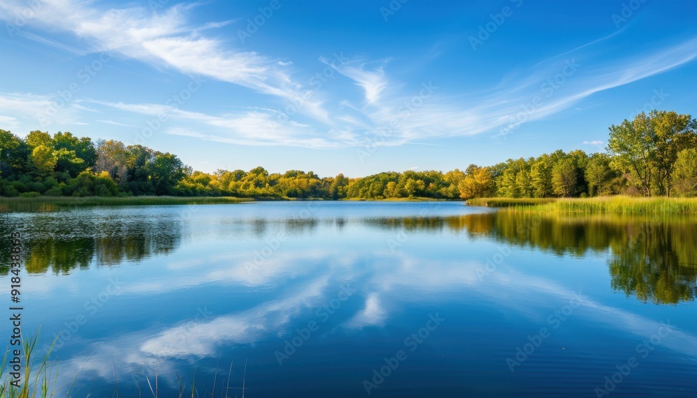 Peaceful lake reflecting a clear blue sky and surrounded by colorful autumn trees in a serene natural setting Peaceful lake reflecting a clear blue sky and surrounded by colorful autumn trees in a serene natural setting