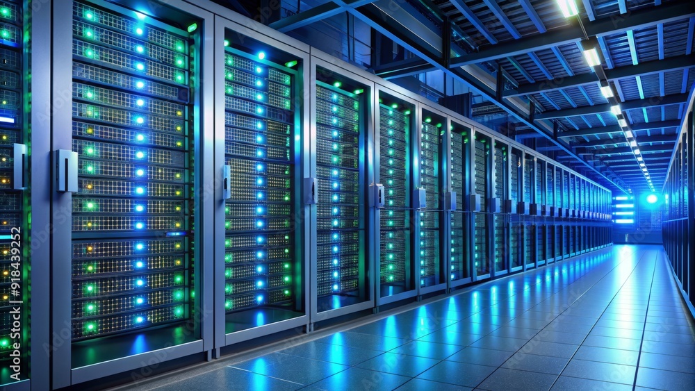 Row of sleek, high-performance servers lined up in a state-of-the-art data center, lit up with blinking blue and green LED lights, surrounded by cables. Row of sleek, high-performance servers lined up in a state-of-the-art data center, lit up with blinking blue and green LED lights, surrounded by cables.
