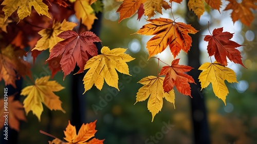 autumn leaves gently falling from trees leaves in various stages of descent warm colors like red, orange, and gold, a dynamic and lively scene background photo