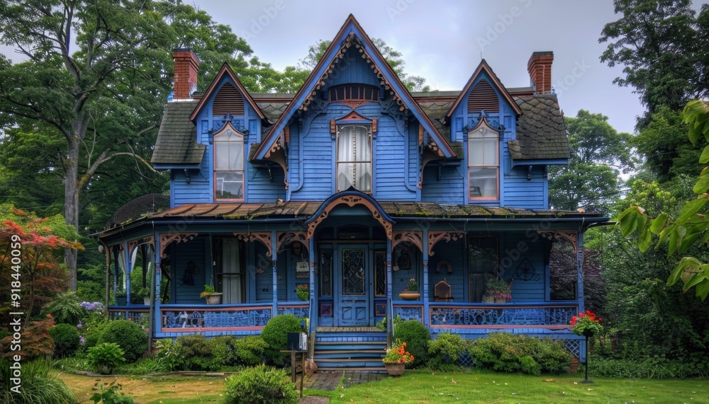 Victorian-style blue house with ornate architecture set in a lush garden on a cloudy day Victorian-style blue house with ornate architecture set in a lush garden on a cloudy day