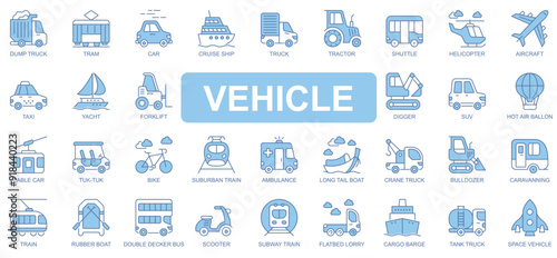 Vehicle icons set in duotone outline stroke design for web. Pack pictograms of dump truck, tram, car, cruise ship, tractor, shuttle, helicopter, taxi, yacht, ambulance, other. Vector illustration.