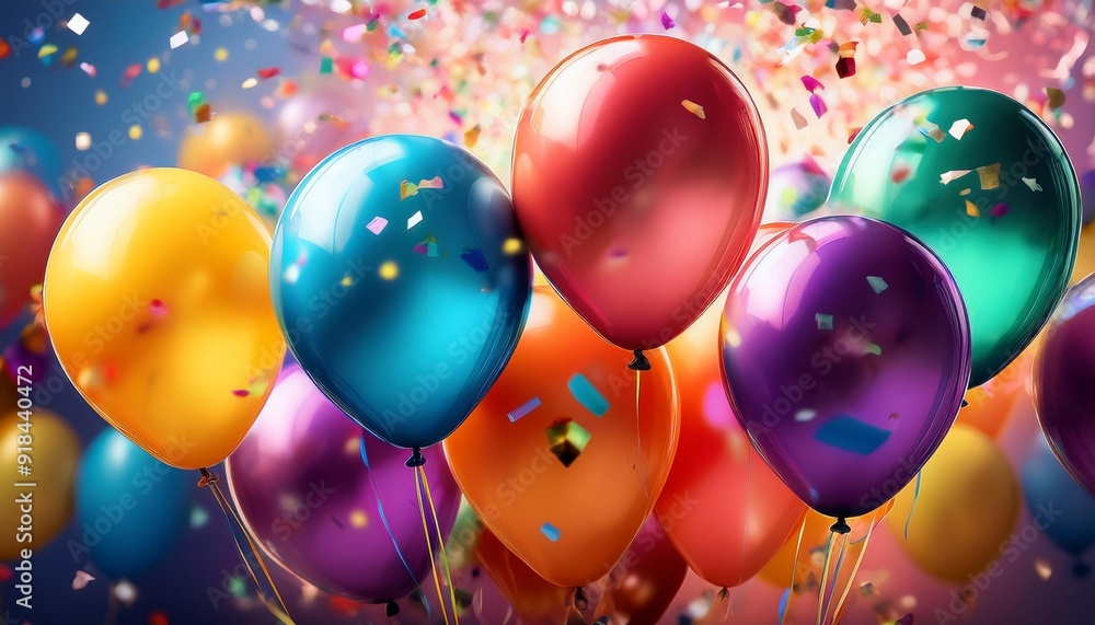 A cluster of vibrant balloons surrounded by colorful confetti, creating a lively party atmosphere. Represents celebration and joy. Ideal for event planning A cluster of vibrant balloons surrounded by colorful confetti, creating a lively party atmosphere. Represents celebration and joy. Ideal for event planning