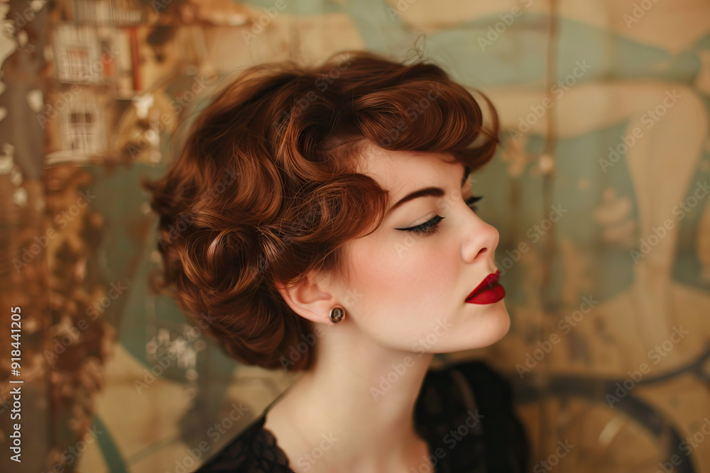 Elegant Caucasian woman with a vintage curled hairstyle and bold red ...