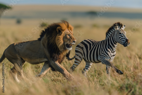 Lion chasing zebra