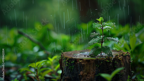 small tree growing on a tree stump with lush green plants surrounding it, raindrops gently falling