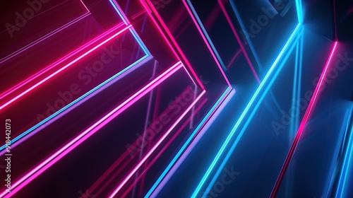 Abstract background with neon pink and blue glowing lines on dark surface.