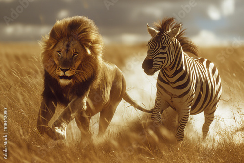 Lion chasing zebra