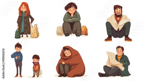 Vector illustration of homeless people. poor family Hungry and dirty men and women beg and look for food and shelter.