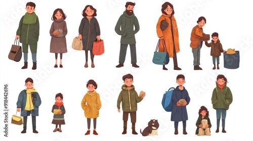 Vector illustration of homeless people. poor family Hungry and dirty men and women beg and look for food and shelter.