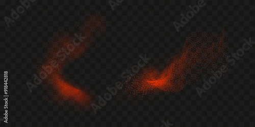 Grainy scatterings of  spicy burst . Splashes of  red pepper powder.Overlay effect chilli or paprika spice splatters. Vector realistic illustration of hot dried spice.