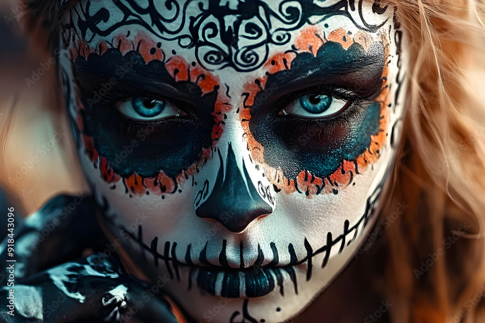 Close-up of a girl with intricate skull face paint, expressing vulnerability and defiance. Close-up of a girl with intricate skull face paint, expressing vulnerability and defiance.