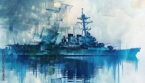 A warship sails through calm waters during twilight, surrounded by an abstract blend of blue hues reflecting on the surface