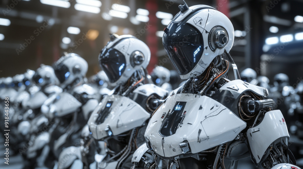 Group of artificial intelligence robots or cyborgs in a factory setting. Group of artificial intelligence robots or cyborgs in a factory setting.