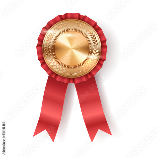 Gold medal badge for product quality realistic vector illustration. Business achievement reward with mockup 3d object on white background