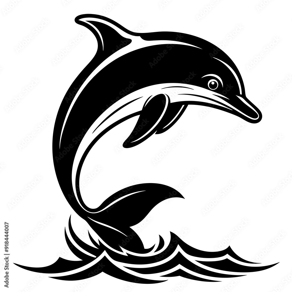 Naklejka premium Dolphin Leaping Vector. The dolphin jumps out of the water, often in a curved arc or straight-up silhouette vector illustration.