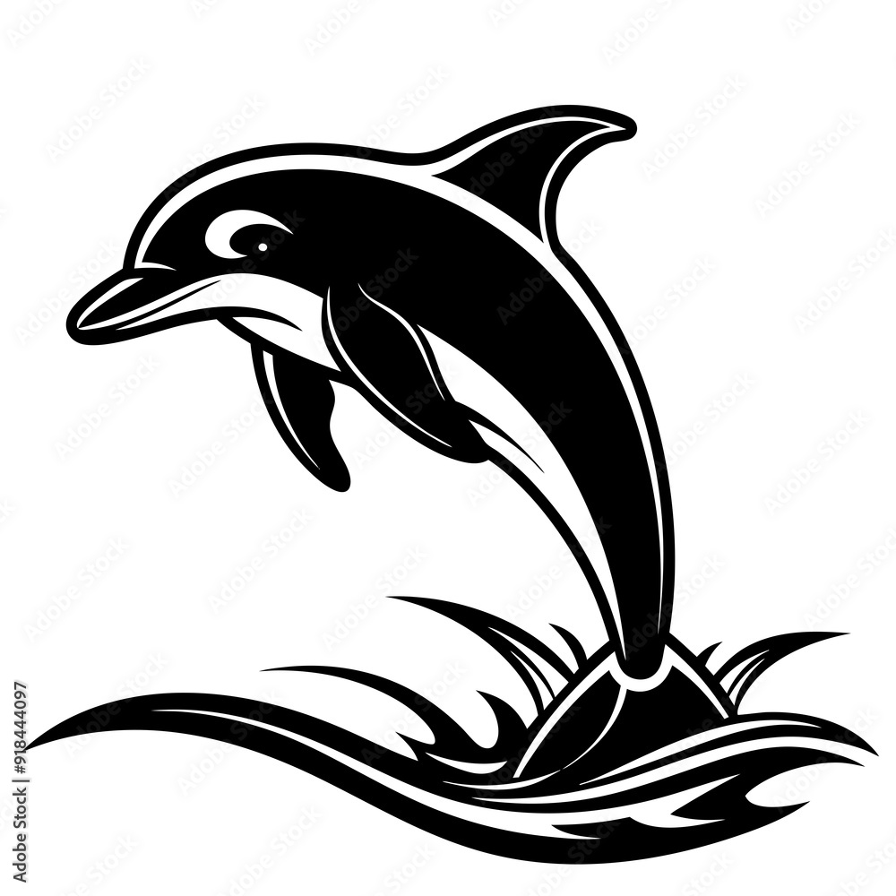 Naklejka premium Dolphin Leaping Vector. The dolphin jumps out of the water, often in a curved arc or straight-up silhouette vector illustration.