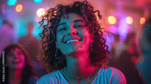 A woman with curly hair smiles brightly in a crowded room illuminated by colorful lights.