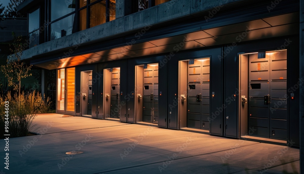 Modern storage units illuminated at night outside a contemporary building in an urban setting Modern storage units illuminated at night outside a contemporary building in an urban setting