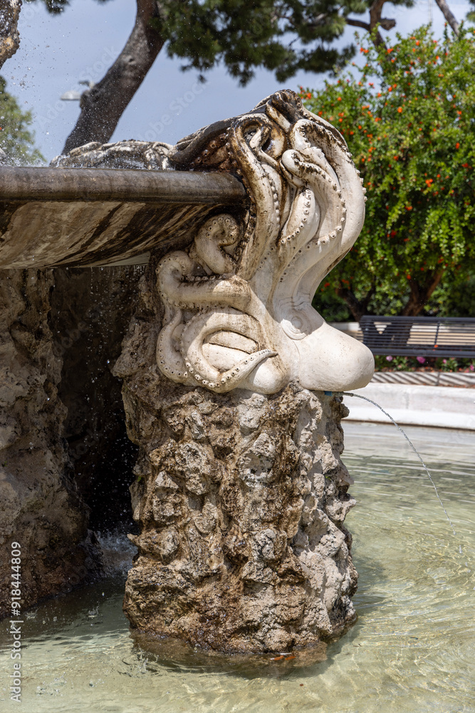 City Park and fountain with octopuses, located at Largo Fontanelle street, Monopoli, Italy, Apulia