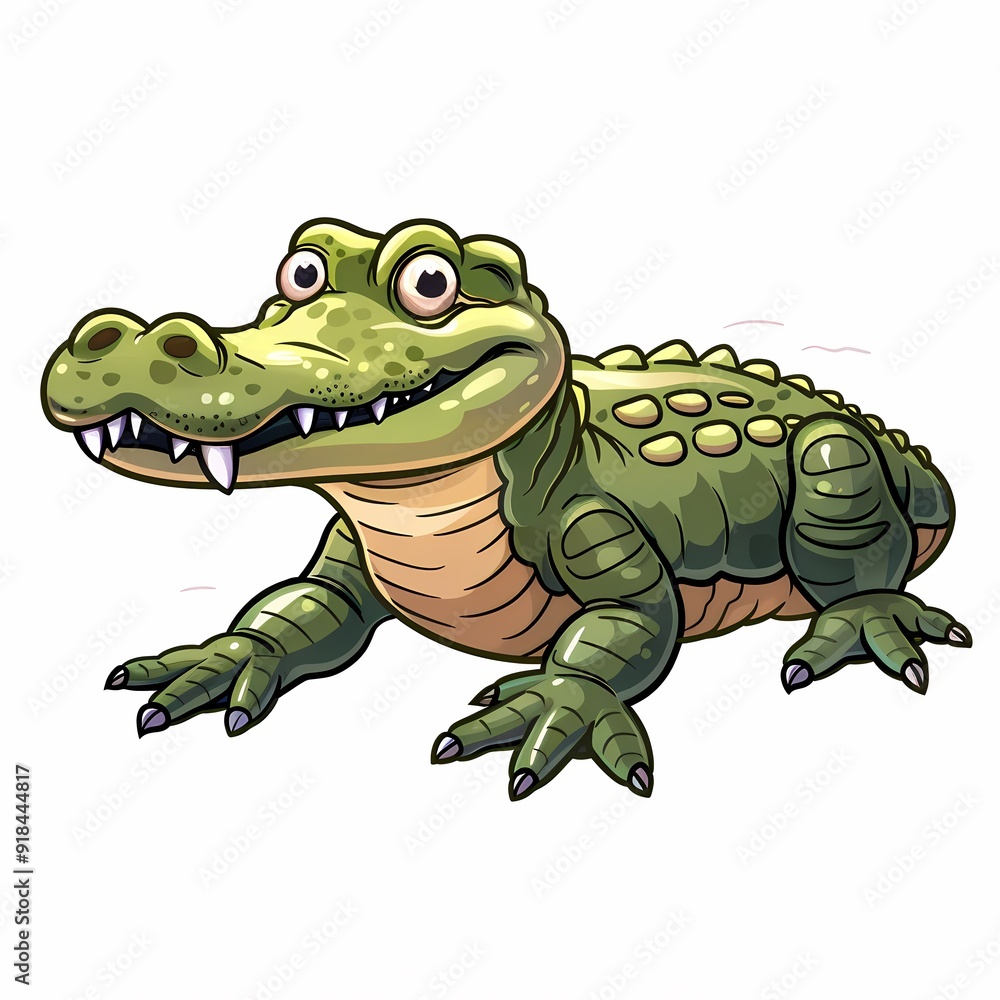 Fototapeta premium Cartoon crocodile with big eyes, sharp teeth and green scales, sitting on a white background.