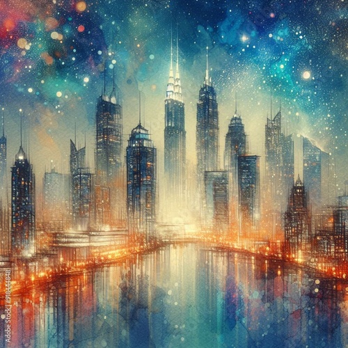 a bustling cyberpunk city at night, with towering skyscrapers bathed in the glow of neon signs. The streets are slick with rain, reflecting the myriad of lights and adding to the futuristic atmosphere