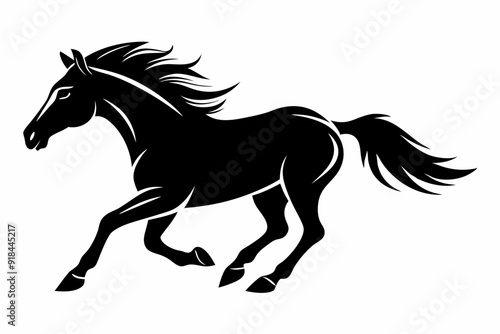 A horse galloping black and white silhouette