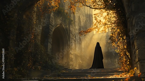 A Figure in Black Robes Approaches a Mysterious Stone Archway in a Sunlit Forest