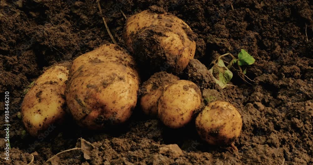 A close-up of freshly dug potatoes resting on the rich, dark soil. The image highlights the organic and earthy nature of the produce, perfect for farming and agriculture themes A close-up of freshly dug potatoes resting on the rich, dark soil. The image highlights the organic and earthy nature of the produce, perfect for farming and agriculture themes