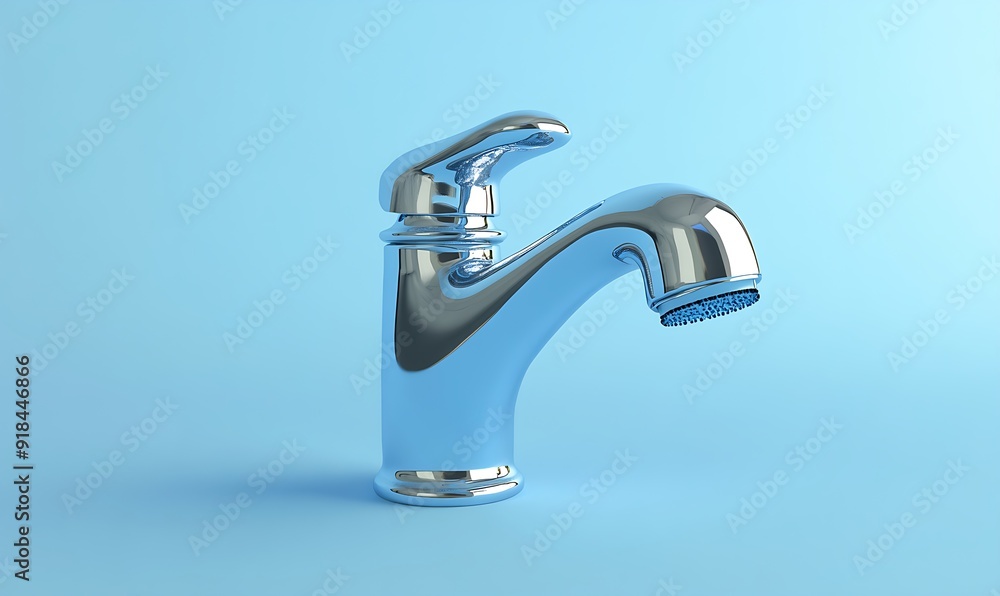 Minimalistic chrome faucet against a light blue background. Minimalistic chrome faucet against a light blue background.