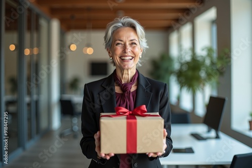 photo of woman in outfit holding gift box pressent in the office, generative AI photo