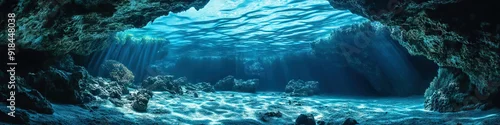 Panel kuchenny z motywem Grotto underwater cave by the ocean with sunlight and rocks. Blue water.