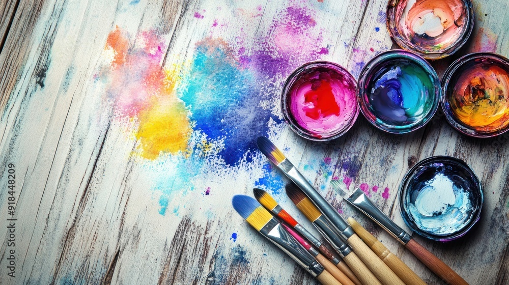 Naklejka premium Colorful Paint Splashes on Wooden Table