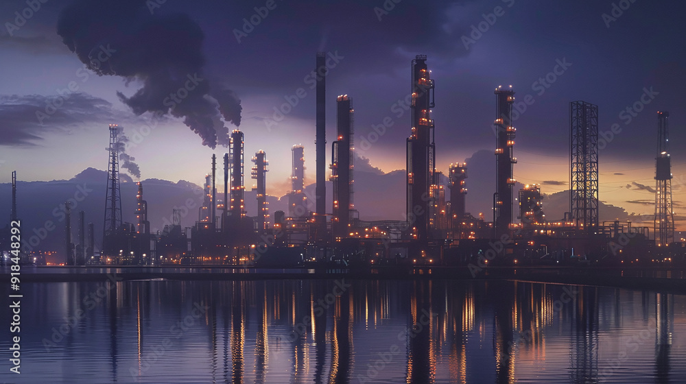 Industrial Refinery at Dusk Reflecting on Water Industrial Refinery at Dusk Reflecting on Water