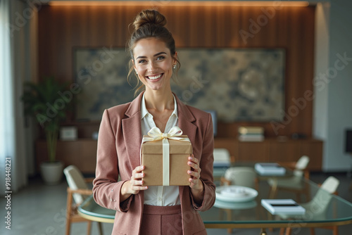 photo of woman in outfit holding gift box pressent in the house, generative AI photo