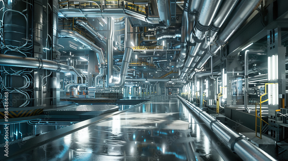 Futuristic Industrial Factory Interior with Advanced Machinery and Piping System