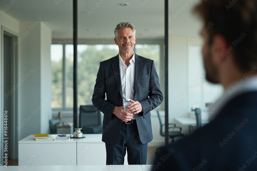 photo of man in outfit with hand giving bottle of water in the house, generative AI photo of man in outfit with hand giving bottle of water in the house, generative AI