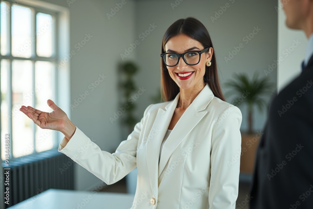 photo of woman in white blazer with open hand and colleagues meeting promote in the office, generative AI photo of woman in white blazer with open hand and colleagues meeting promote in the office, generative AI