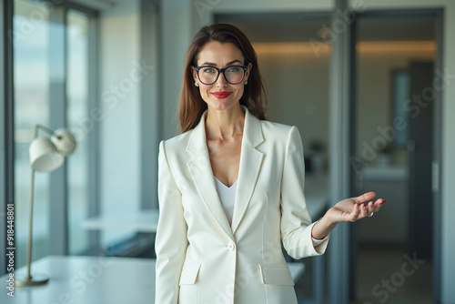 photo of woman in white blazer with open hand and colleagues meeting promote in the office, generative AI