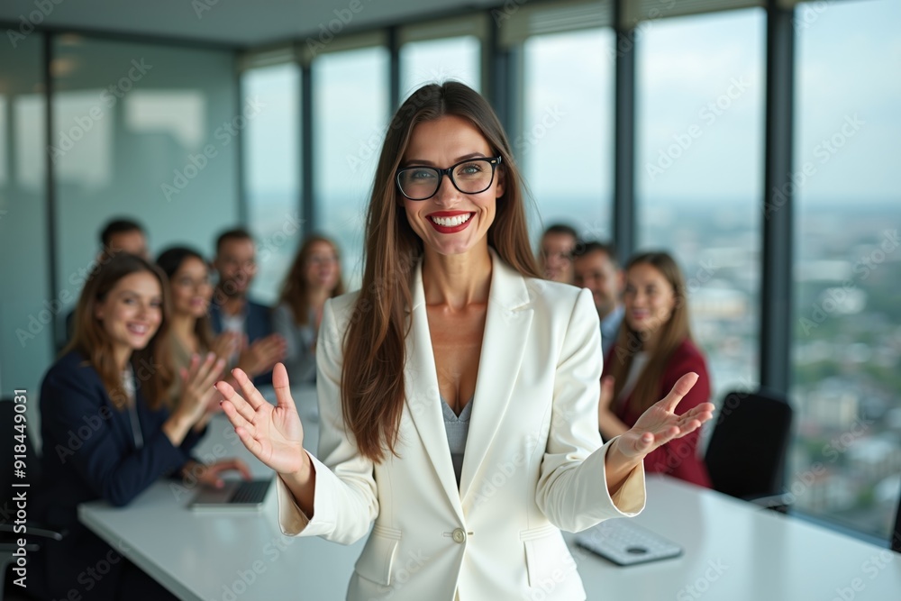photo of woman in white blazer with open hand and colleagues meeting promote in the office, generative AI